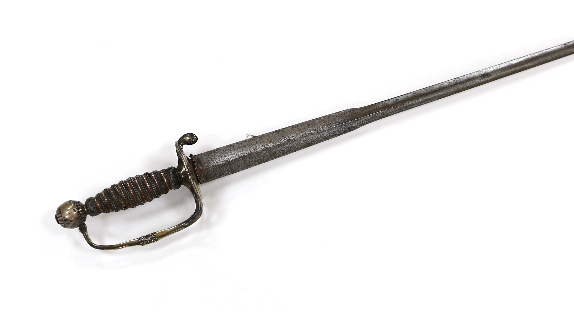An English hallmarked silver hilted small sword, late 17th century, the Charles II hilt by William Badcock, London 1680, of conventional form, later grip bound with copper tape and twisted silver wire, colichemarde shape